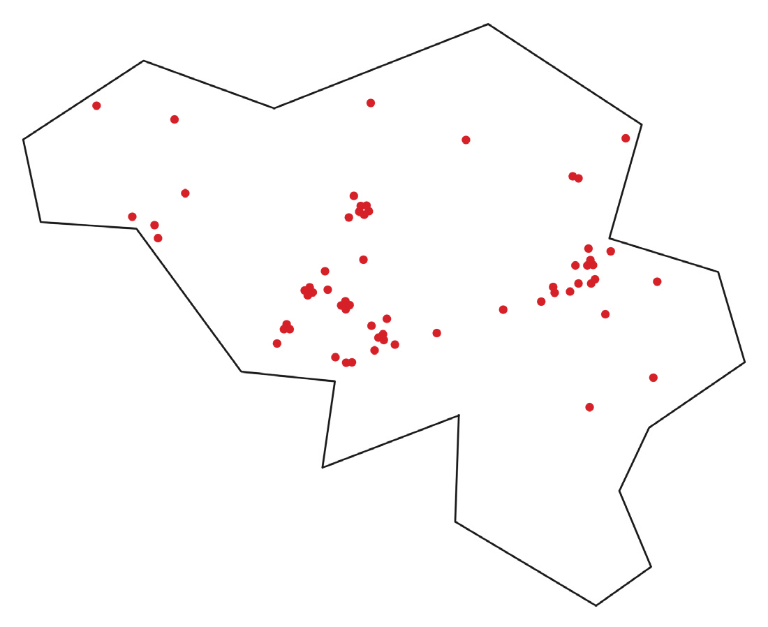 Carte de la Belgique : les points rouges indiquent les lieux de prise de vue, concentrés en Wallonie, avec quelques sites en Flandre.